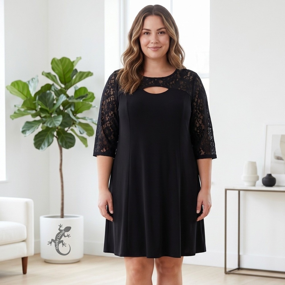 Catherines Lace Sleeve A Line Dress Womens 1X Black Keyhole Neck Fit Flare Party